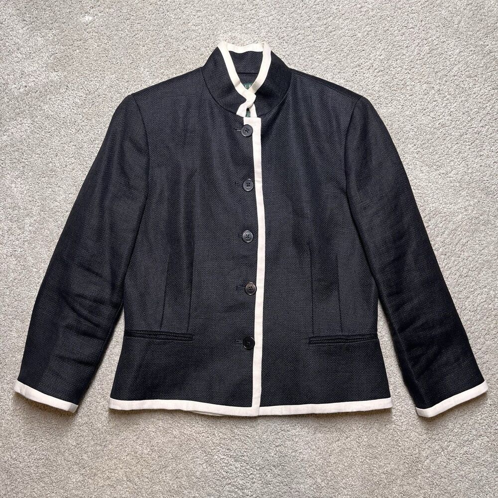 Lauren Ralph Lauren Black Linen Lady Jacket Womens 6 Button White Trim Preppy